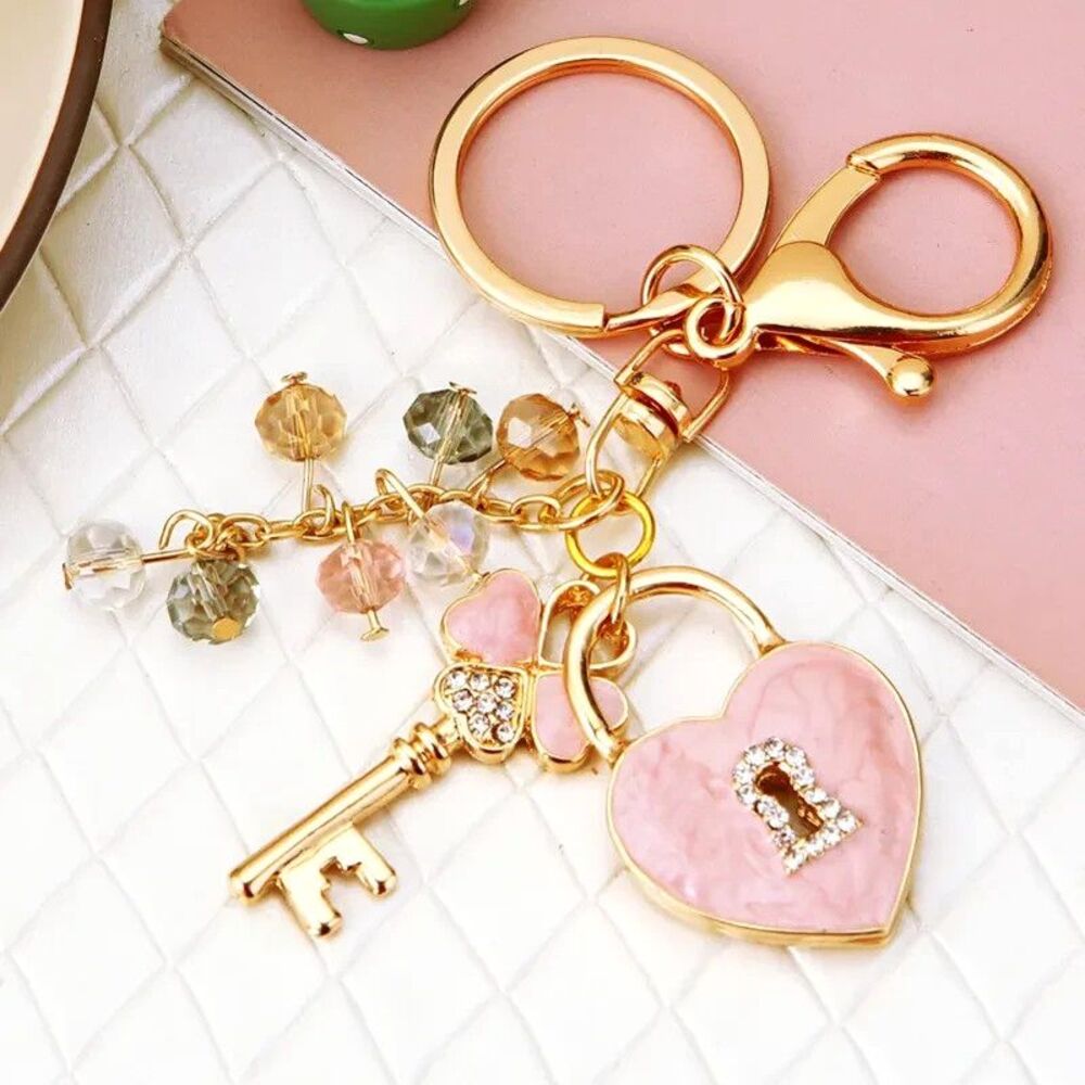 Pink Heart Lock Key Clover Crystal Bag Charm Keychain Gold Purse Accessory NEW